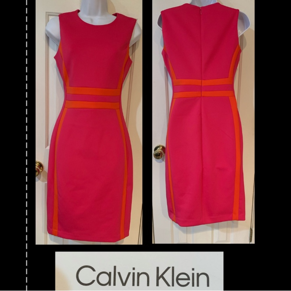 Calvin Klein Dress Pink Orange NWT $134 Color Block Pinstripe Slimming Summer - Picture 2 of 9